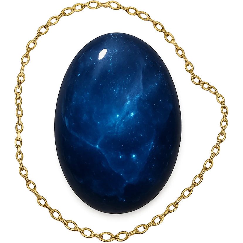 delicate floating gold chain cradling a deep blue stone with swirling white and gray veins, glowing faintly like the night sky, radiating mystery and magic emoji