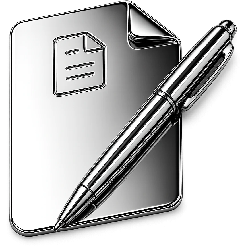 stylized chrome sheet of paper with a shiny pen placed diagonally, futuristic and smooth emoji