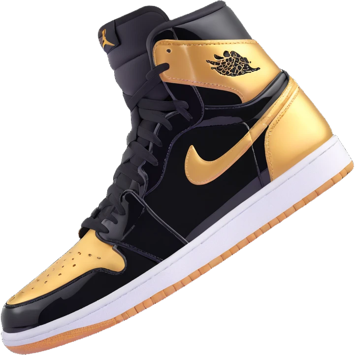 Jordan 1 sneaker, patent leather black material with a metallic gold swoosh emoji