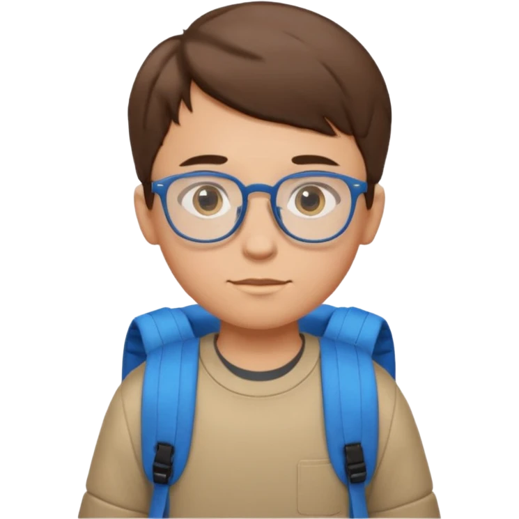 a boy with short brown hair and blue eyes, glasses, backpack emoji