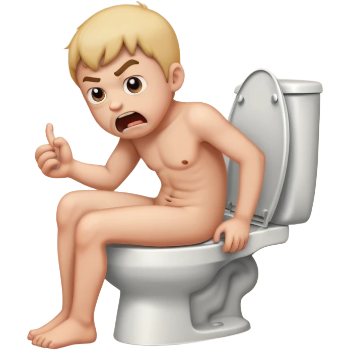 Kids male sitting naked on toilet Poops very pushing, angry, naked, with an erect penis, from tension in the asshole, half bent emoji
