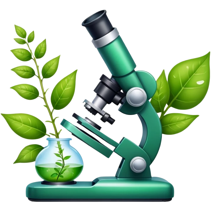 An icon featuring a microscope, a DNA strand, and a plant, symbolizing biology. The design includes animal cells, a leaf, and scientific formulas, representing the study of living organisms and ecosystems. Transparent background highlights biological research and discovery. emoji