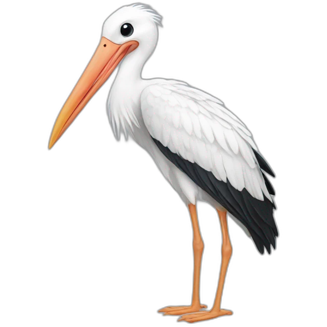  white stork. The stork is carrying a blue bundle of cloth in its beak that has a cute white baby face peeking out from it with black head emoji