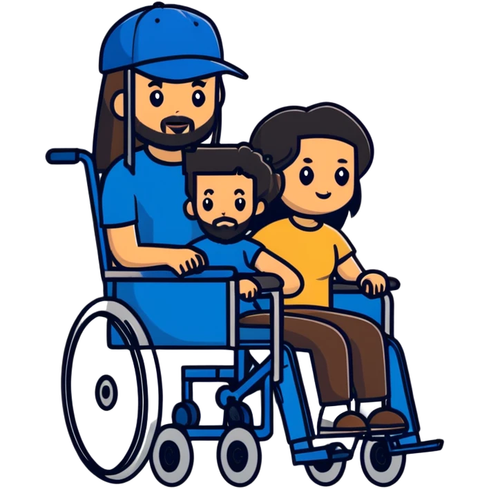Beige skin man with a beard and cap in a wheelchair sitting next to a brown skin woman with long black hair in a wheelchair  emoji