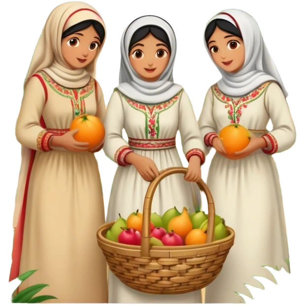 A nostalgic and culturally rich scene of Palestinian women dressed in traditional embroidered thobes harvesting fruit in an orchard. Their vibrant and intricately designed dresses reflect deep heritage, while their coordinated efforts—picking, sorting, and collecting fruit in a woven basket emoji