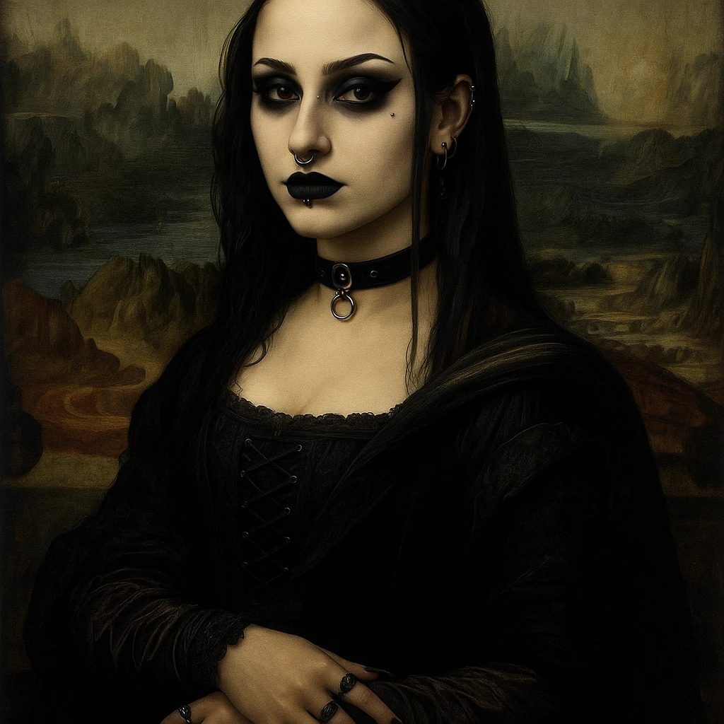 Mona Lisa reimagined as a goth, piercings, black nails, gothic vibe emoji