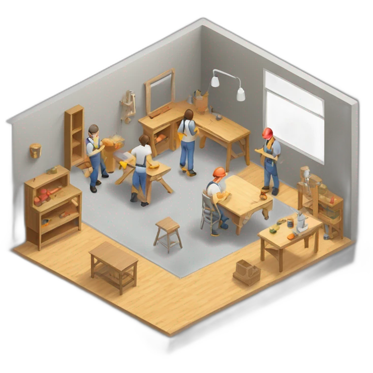 isometric square transparent solid outline border containing indoor woodshop people actively working grey floor emoji