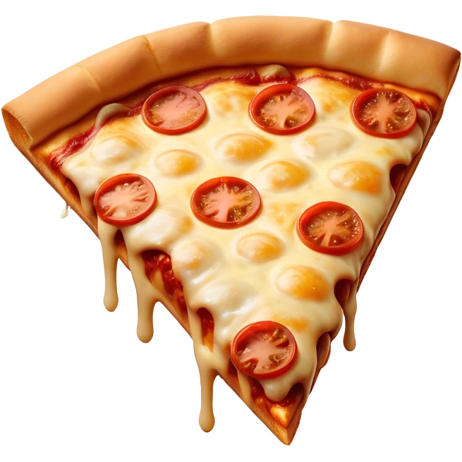 Cinematic cheesy pizza slice, gooey melted cheese stretching as a bite is taken, crispy golden crust, rich tomato sauce, vibrant toppings, warm glowing background, inviting and delicious. emoji