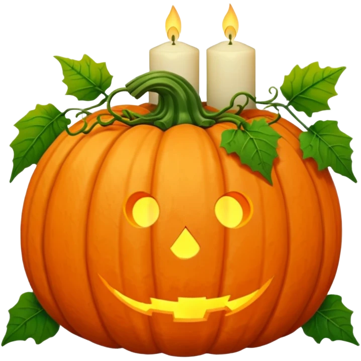 Huge big pumpkin, vines, leaves, one big candle, autumn vibes aesthetics  emoji