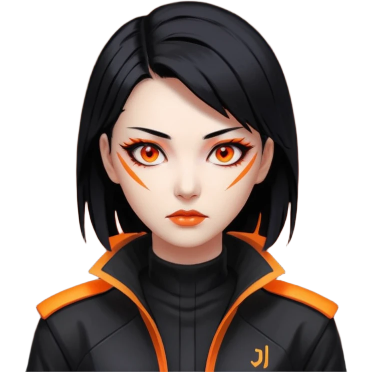 Cyberpunk Japanese woman, mid-50s looking young, sharp features, sleek black hair, glowing orange eyes, vengeful expression, neon highlights. emoji