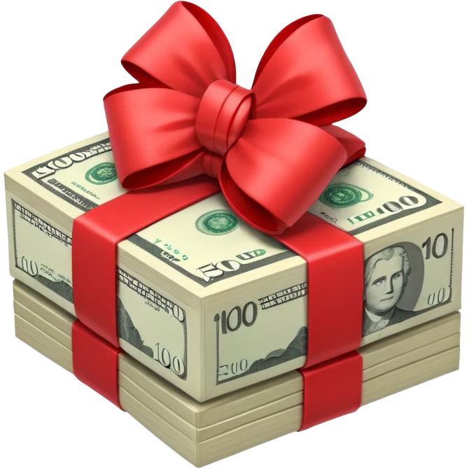 Australian $100 notes stacked together and wrapped in a bow emoji