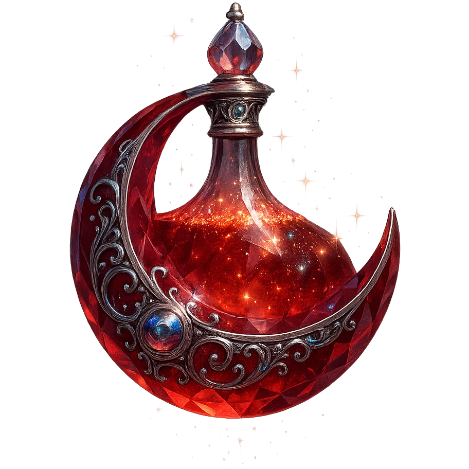 luxurious crystal elixir bottle in red moon shape, mysterious and mystical, deep red color, ornate silver and iridescent details, very small neck, seamless bottom, glowing and sparkling magical effects, transparent background, bottle floating in air, no base or shadow, modern, collection style emoji