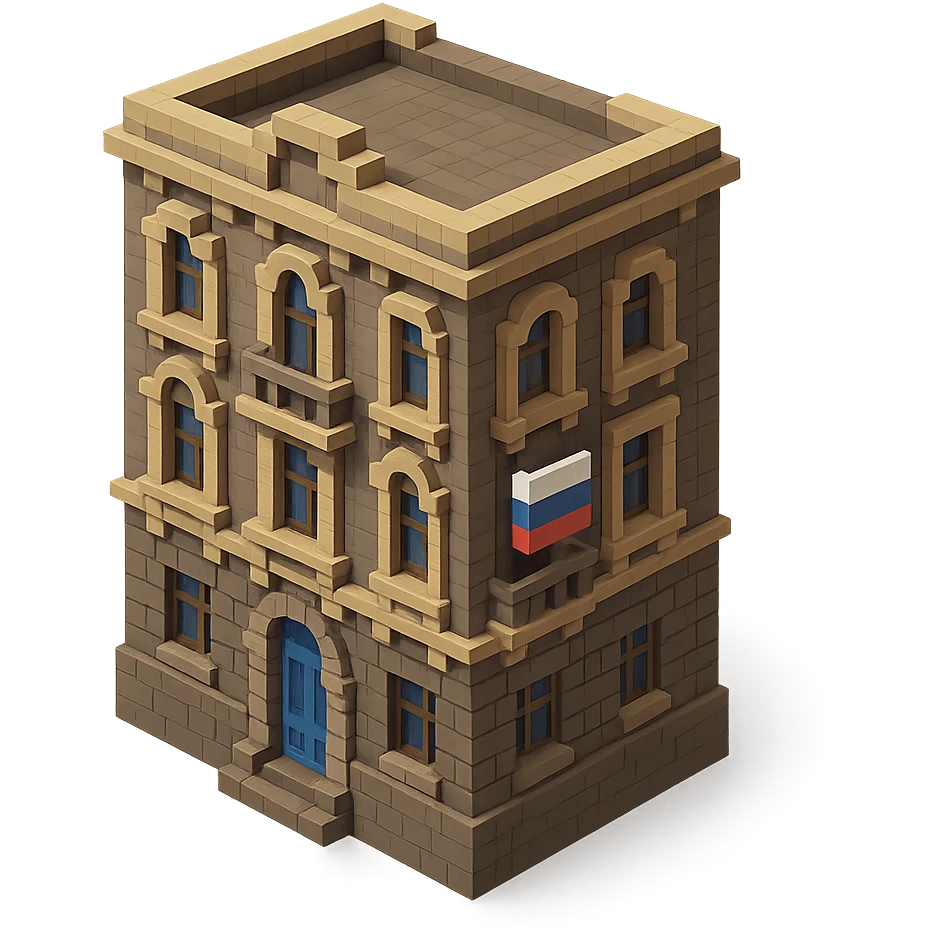 voxel style old Saint Petersburg building, gray-brown tones, ornate facade, Russian flag hanging from one window or balcony, isometric view emoji