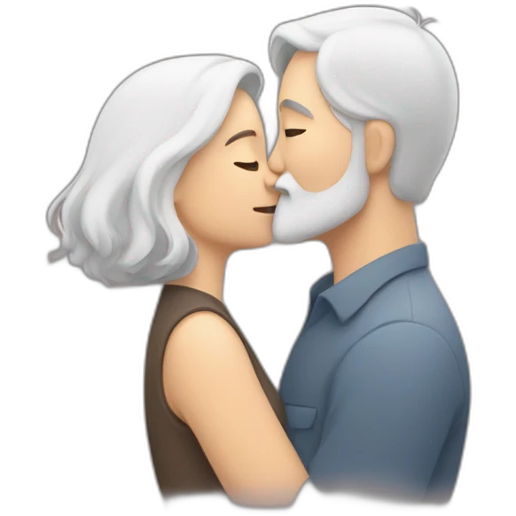 image of woman with dark brown hair kisses and hugs man with gray hair and white beard with floating hearts emoji