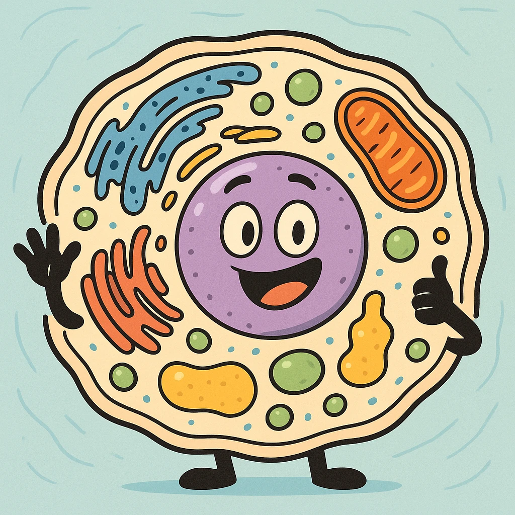 cartoon style cell with organelles, showing nucleus, mitochondria, and other major parts, bright colors emoji