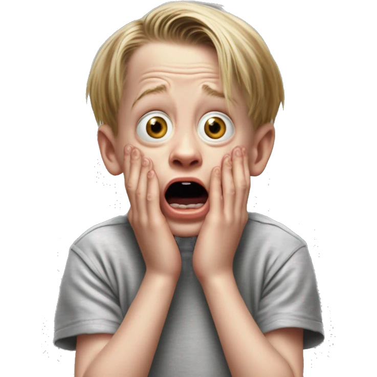 macaulay culkin child from Home Alone, putting both hands on his face and screaming of fear. bring the hands down lik he is putting on his cheeks. emoji