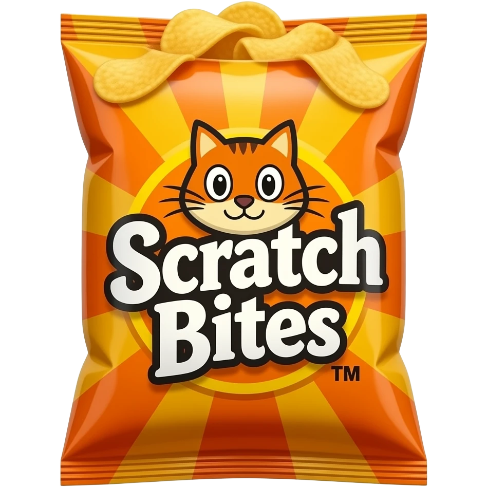 a colorful chip bag with a fun cartoon style, bold logo that says, “Scratch Bites™”, orange and yellow colors, shiny plastic texture, slightly crinkled, with chips bursting out of the top, 3D emoji style. Make it like the coding website, "Scratch" with the Scratch Cat. emoji