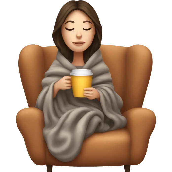 Brunette white girl covered in blanket autumn vibe sitting on a cozy chair holding coffee eyes closed emoji