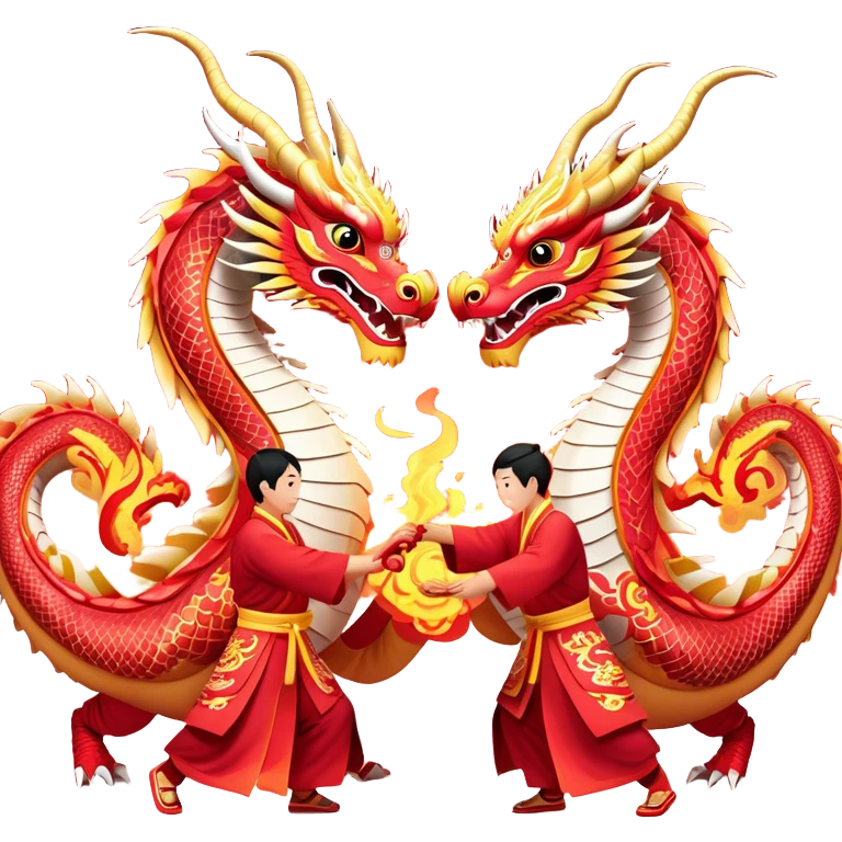 Cinematic Realistic scene of two performers guiding an elaborately designed dragon costume during a Dragon Dance, with vivid traditional patterns and dynamic motion, set under festive, red-tinged lighting emoji