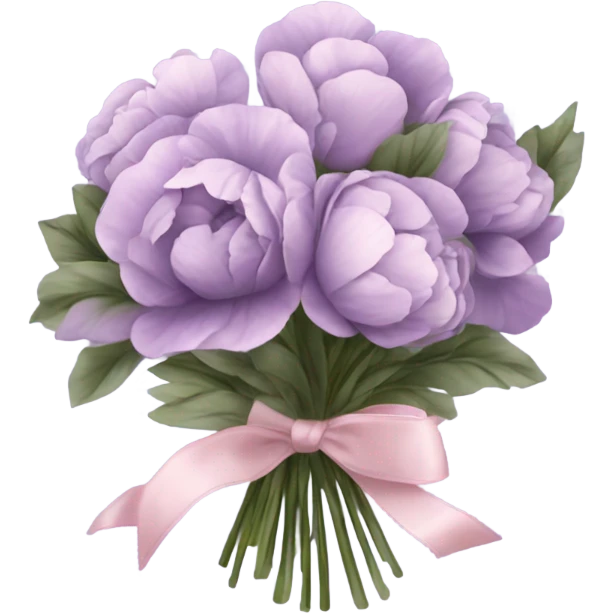 A bouquet of soft lavender pansies and blush pink peonies wrapped in silky violet ribbon emoji