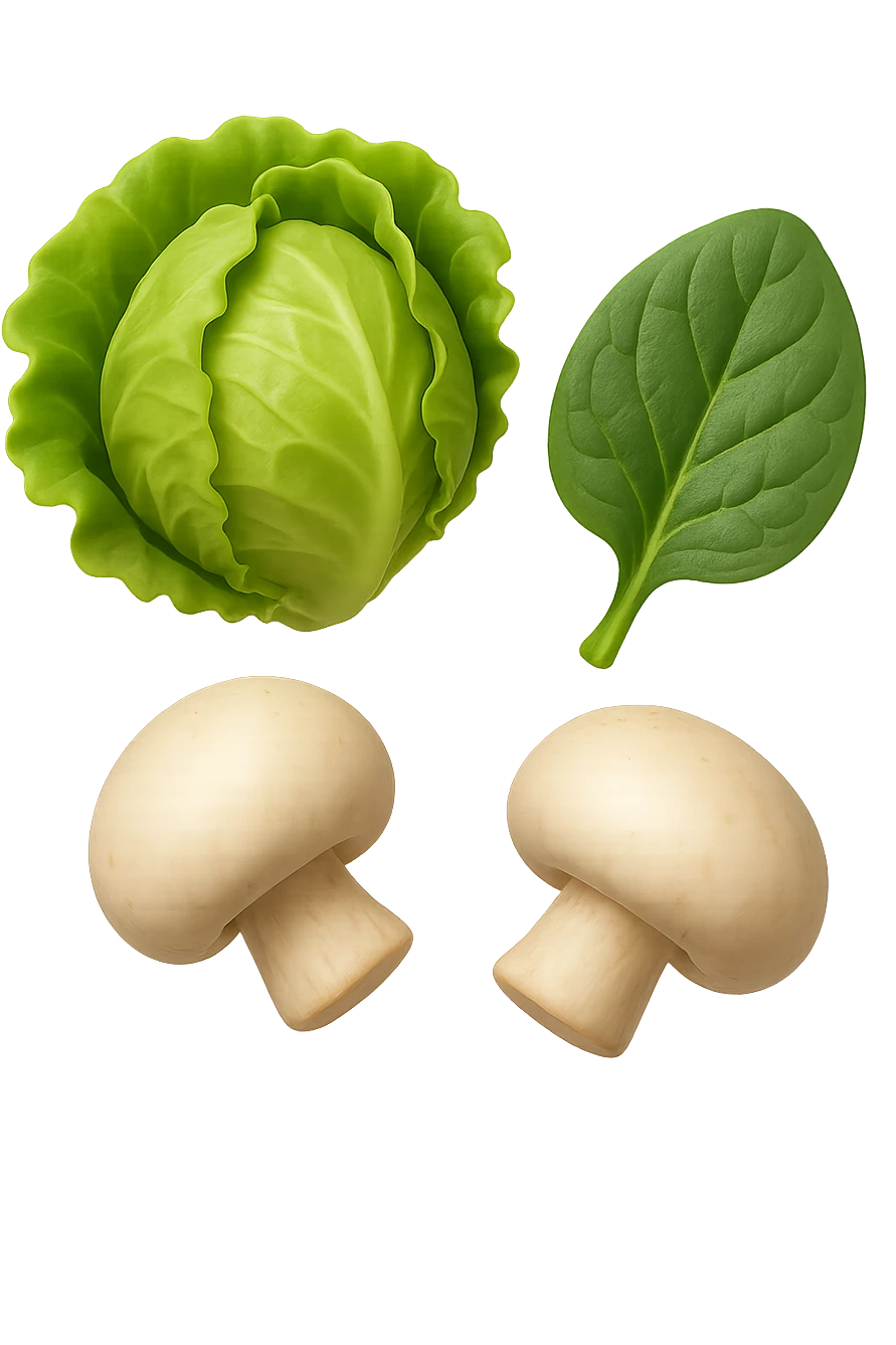 emoji stile iphone 3d di lattuga, spinaci, funghi che fluttuano in aria, iperealistico 4k emoji