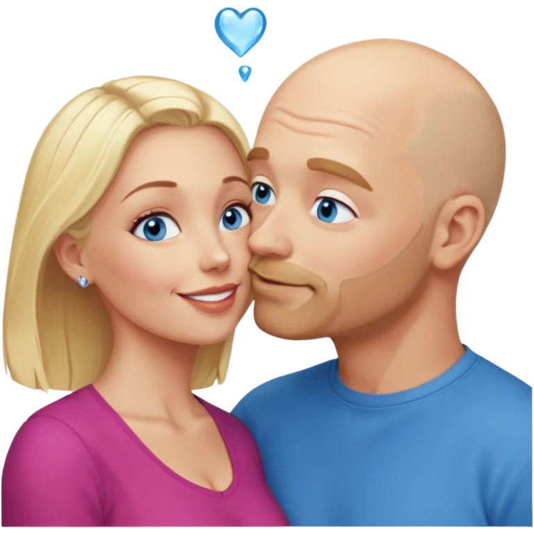 middle age bald man with salt and blonde scruff, blue eyes and blonde woman with blue eyes kissing each other emoji