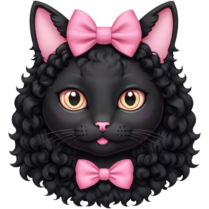 Black cat with black curly hair and a pink bow emoji