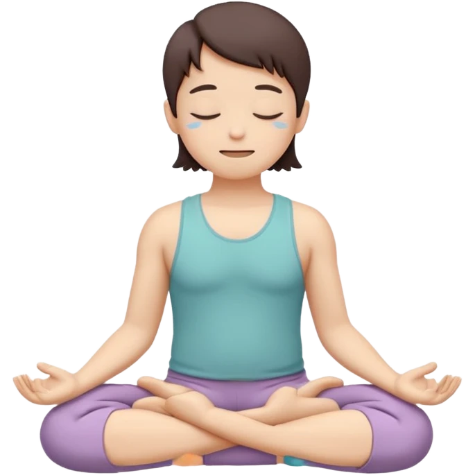 one simplified human character sitting in lotus pose, eyes closed, soft peaceful smile, feeling comfortable alone, calm and mindful mood, flat custom emoji sticker, pastel colors, rounded shapes, minimal details, mental health theme, thick outline, white background, no text emoji