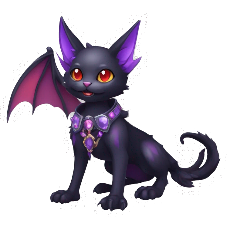 cool kawaii edgy evil black purple red ethereal fantasy beautiful elegant nargacuga-bat-cat-Fakemon wearing legs spats a collar harness with jewelries full body emoji