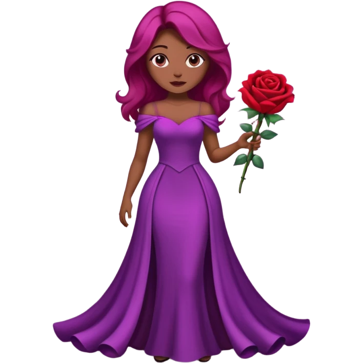 Faça uma mulher de cabelo roxo bem poderosa com vestido bem longo com umas rosas de buquê emoji