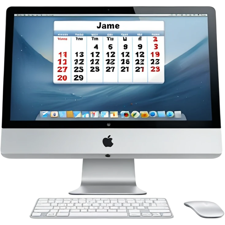 front view of an iMac with a day-calendar on the screen, vertical hours on the left, horizontal client slots, some slots visibly booked emoji