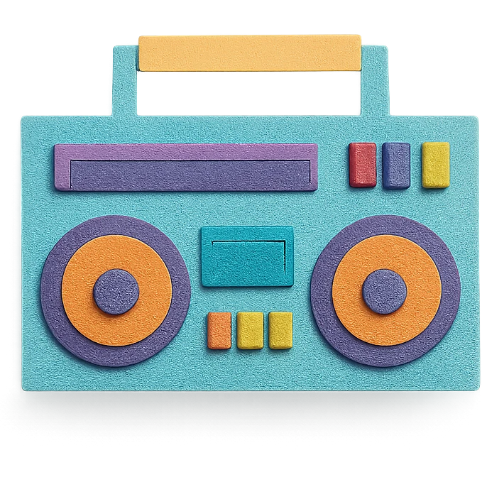 modern boombox with simple shapes and playful colors, paper-craft style emoji