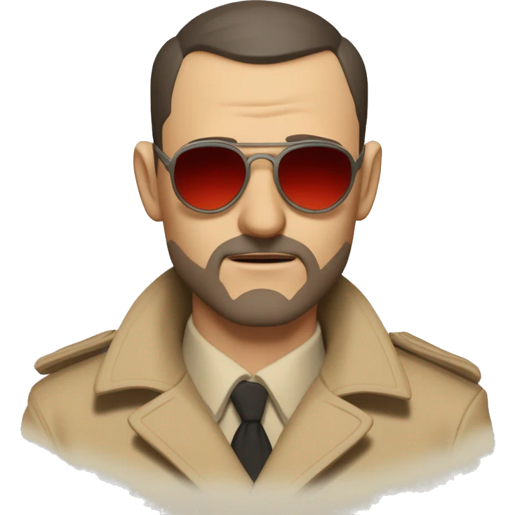 1930s investigator, a Caucasian man with short, buzz cut dark hair and a rough beard, wears tiny red-tinted sunglasses and a dirty beige trench coat. He has a serious demeanor. emoji