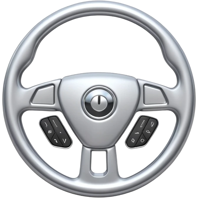 A futuristic steering wheel emoji made of silver chrome, minimal geometric design, smooth metallic surface, soft reflections, iOS emoji style, centered, clean white background emoji