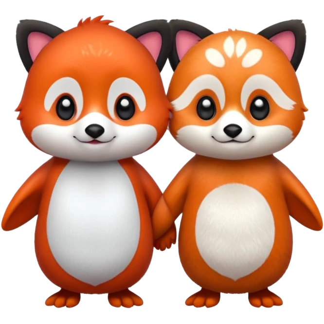 A cartoon  cute one penguin and one red panda holding "hands" emoji