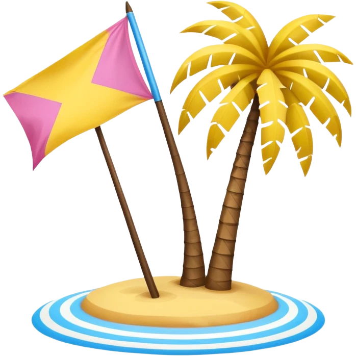 A pink flag on the sides two small blue triangles In the middle a pink palm tree coming out of the sides  yellow circle with two thick yellow stripes emoji