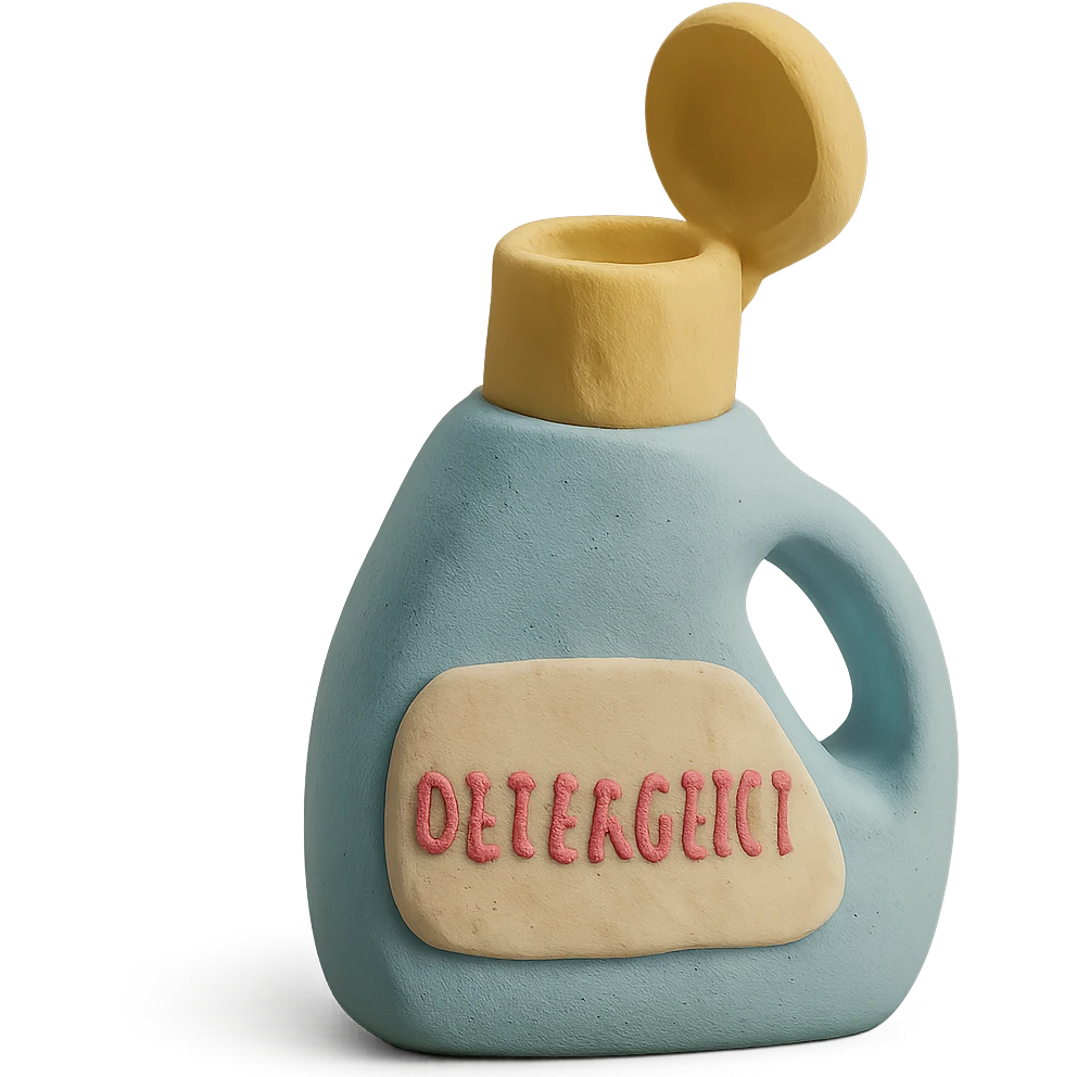 close-up of detergent bottle with cap open in claymation style, soft lighting, pastel colors emoji
