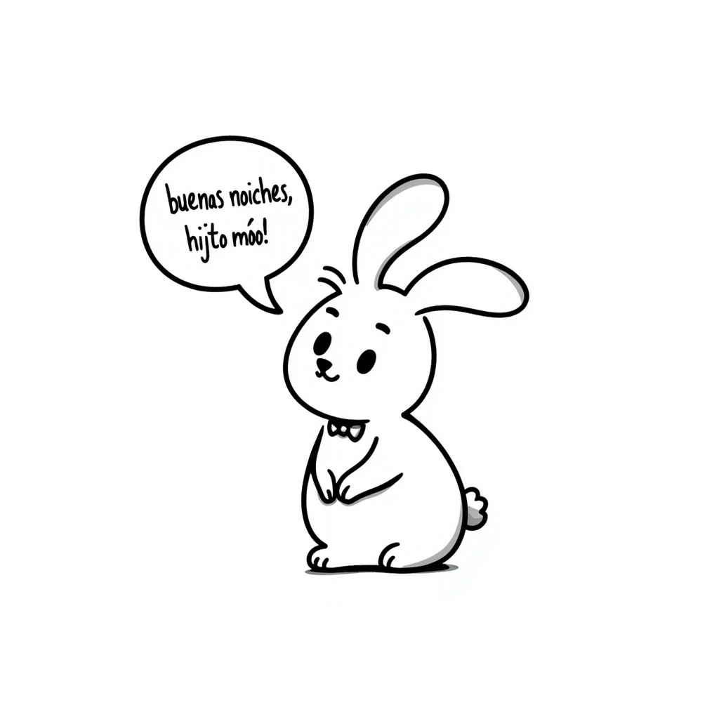 A cute rabbit saying "buenas noches, hijito mío!" in a speech bubble. The rabbit looks loving and gentle, like a parent saying goodnight to a child. emoji