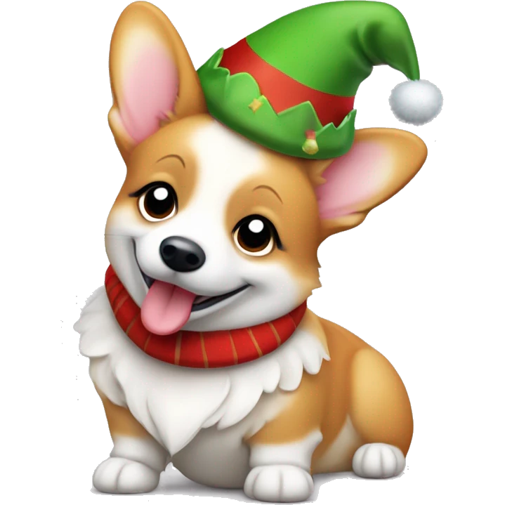 Adorable Welsh corgi dressed as a Christmas elf, holding a candy cane and winking playfully emoji