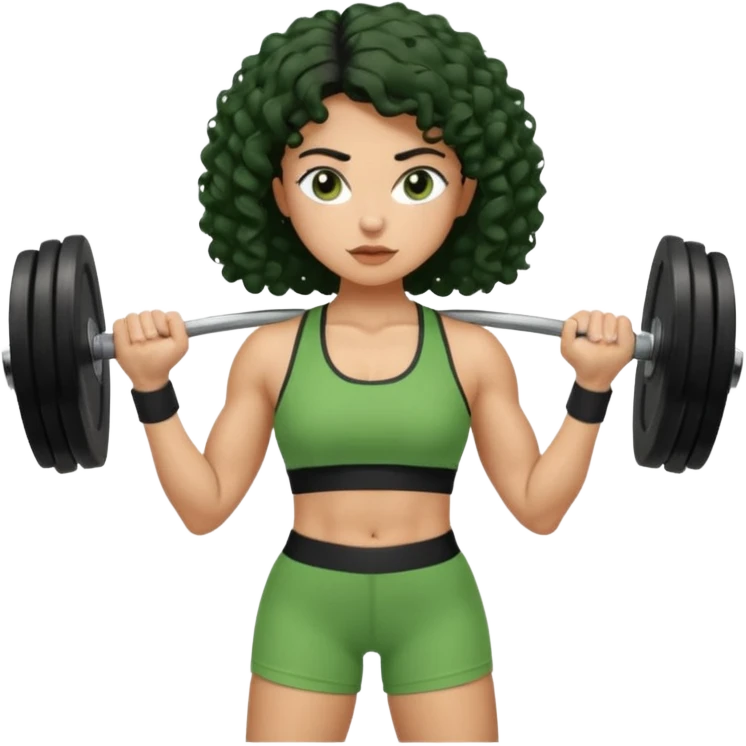 woman with olive skin and curly black hair wearing a green workout outfit (shorts) and lifting weights emoji