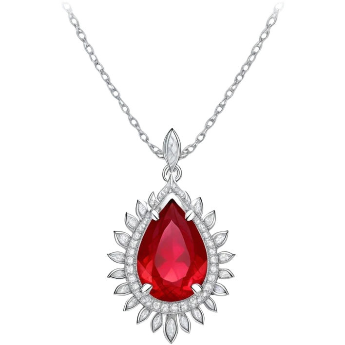 teardrop ruby pendant with fiery light, tiny phoenix feather emerging, haloed by shimmering white stones, and a silver chain emoji