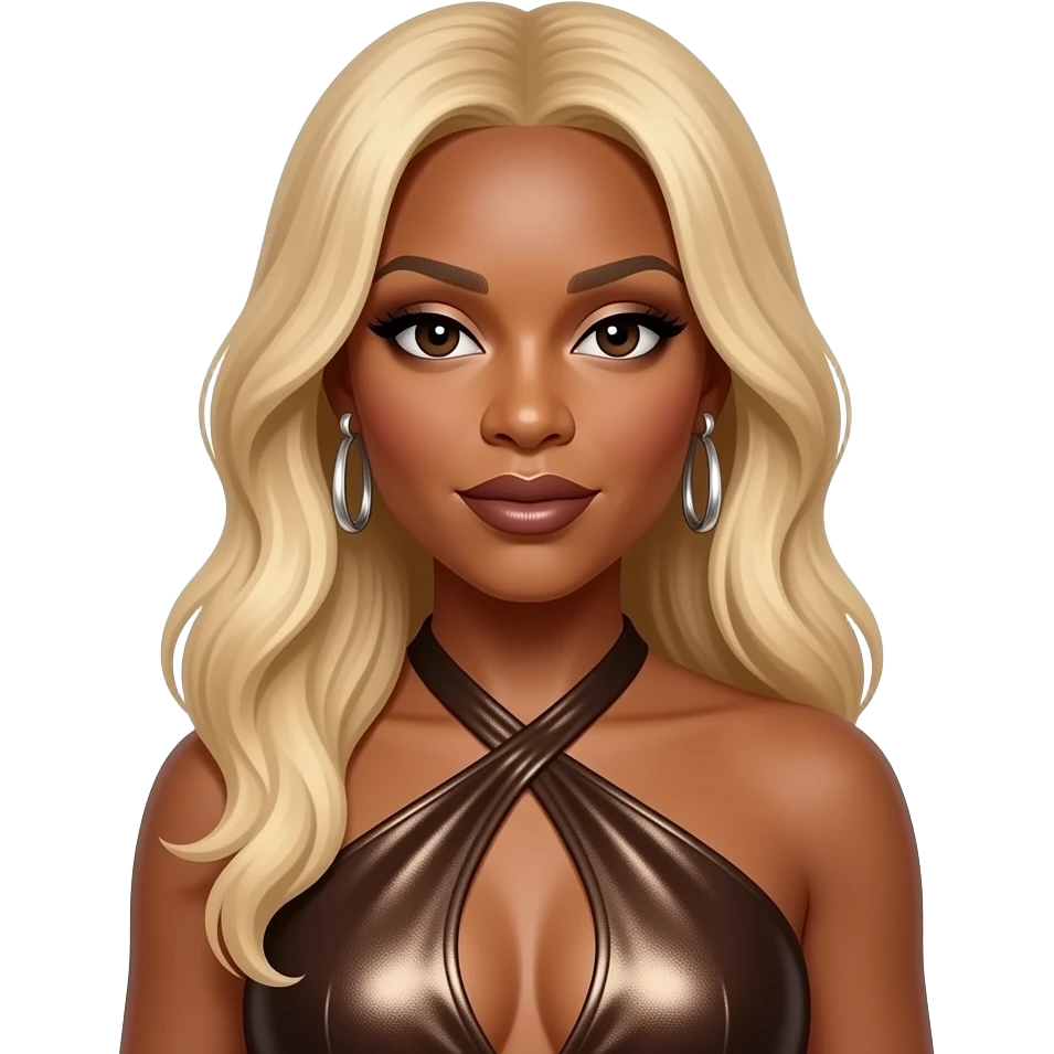 Mary J. Blige with dark brown eyes, long blonde hair, ivory eyeshadow, dark brown lipstick, dark brown metallic halter dress, silver earrings emoji