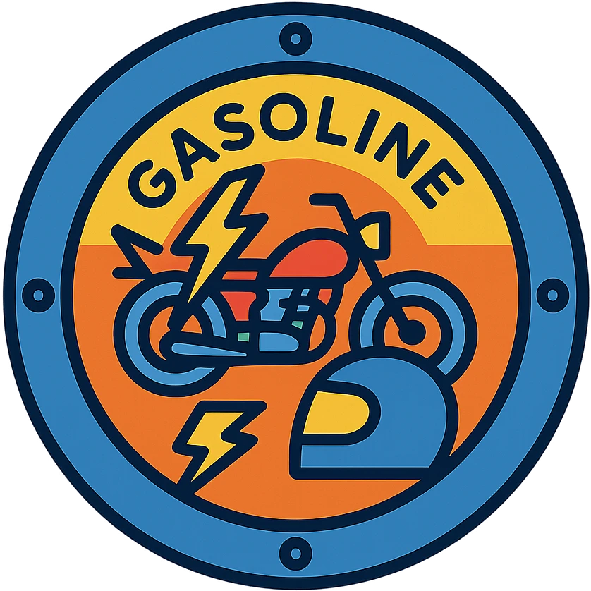 circular motorcycle gas cap design, transparent background, text 'GASOLINE', motif: lightning, motorcycle, helmet, dynamic style emoji