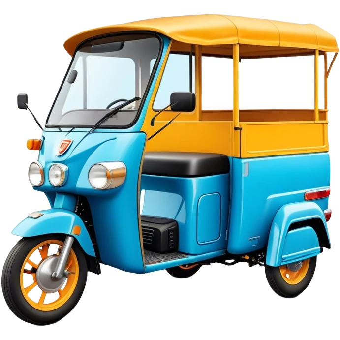 Cinematic Realistic Tuk Tuk Emoji, depicted as a vibrant iconic three-wheeled vehicle with bold colors and a compact design, rendered with crisp textures and dynamic urban lighting that captures its quintessential Thai charm. emoji