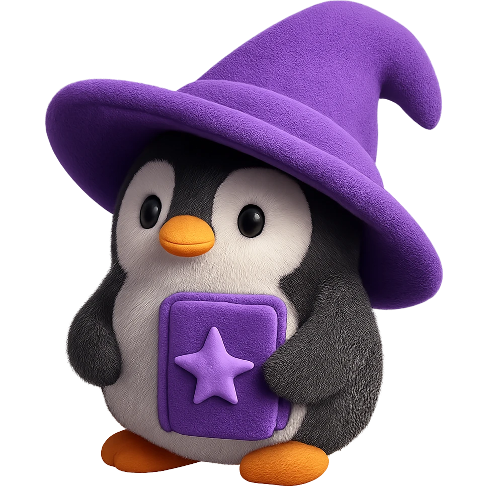A penguin wizard apprentice with an oversized wizard hat that's slightly tilted, holding a spell book. The plush penguin has a curious expression and soft fuzzy texture. emoji