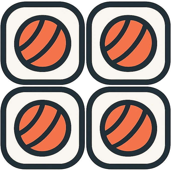 Change the four sushi rolls to salmon maki rolls with visible salmon filling instead of cucumber, keeping the clean, minimal, modern icon style with black outlines and color. No background. emoji