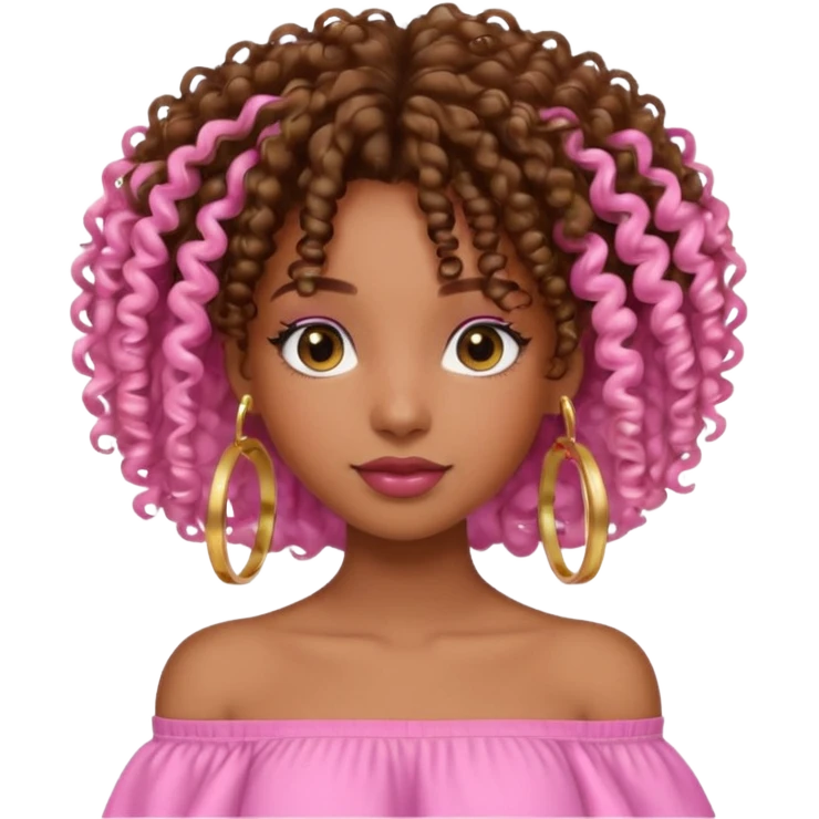 A brown skin girl with a curly 4C hair and she has a pink off shoulder top, emoji