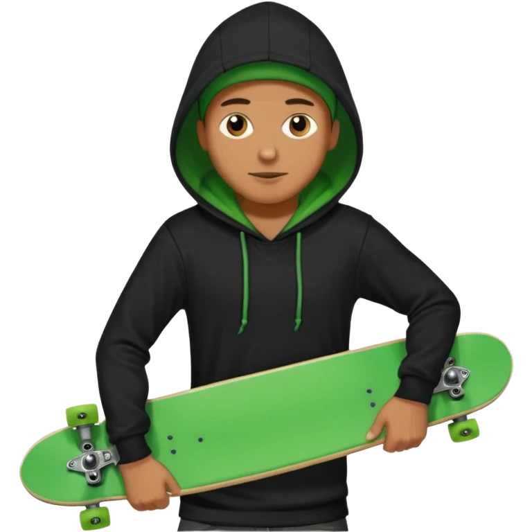 Un hombre sorteando con camisa negra y tabla verde y encapuchado emoji