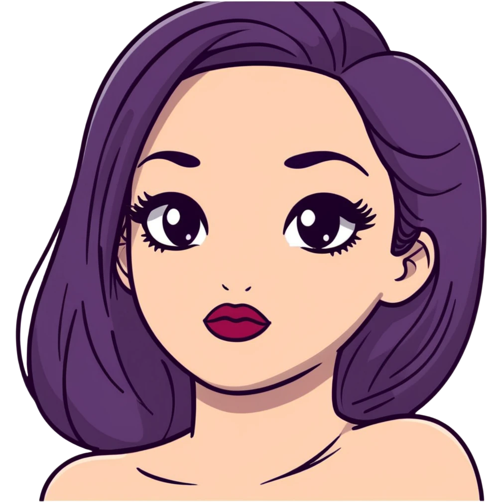 White girl with long oval face, huge round black eyes, big eyelashes, heather berry colored lips, shiny full lips, face closeup with bare shoulders, long straight middle-parted hair emoji