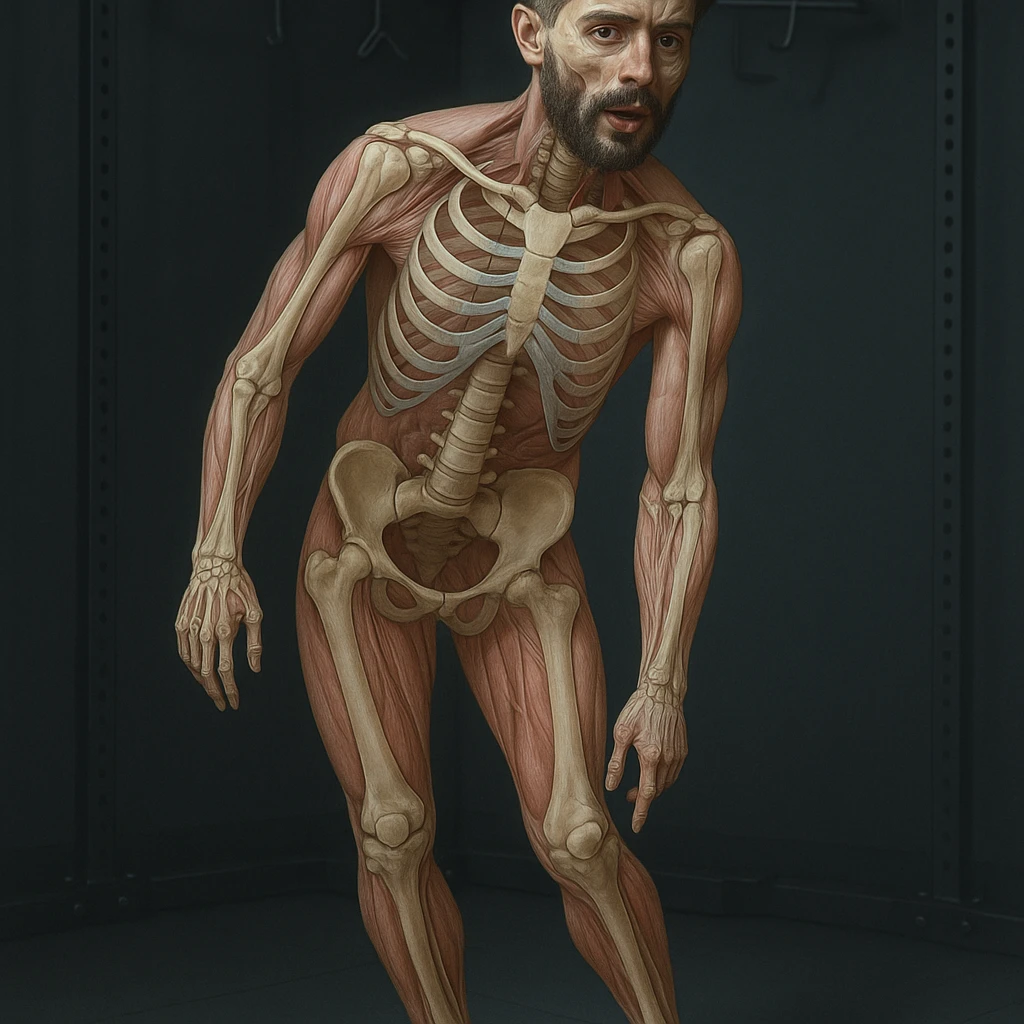 Hyperrealistic 4K anatomical view of a man in a similar position to the reference image. Knee valgus, tilted pelvis, pronated foot, bones and muscles in transparency, medical atmosphere. Variant 4 with slightly changed torso rotation. emoji
